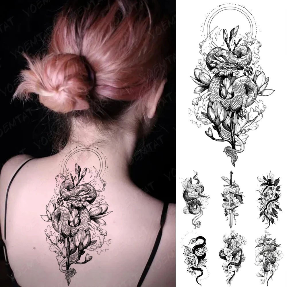 

Black Snake Waterproof Temporary Tattoo Sticker Dragon Python Peony Rose Flowers Tatto Women Men Arm Totem Body Art Fake Tattoos