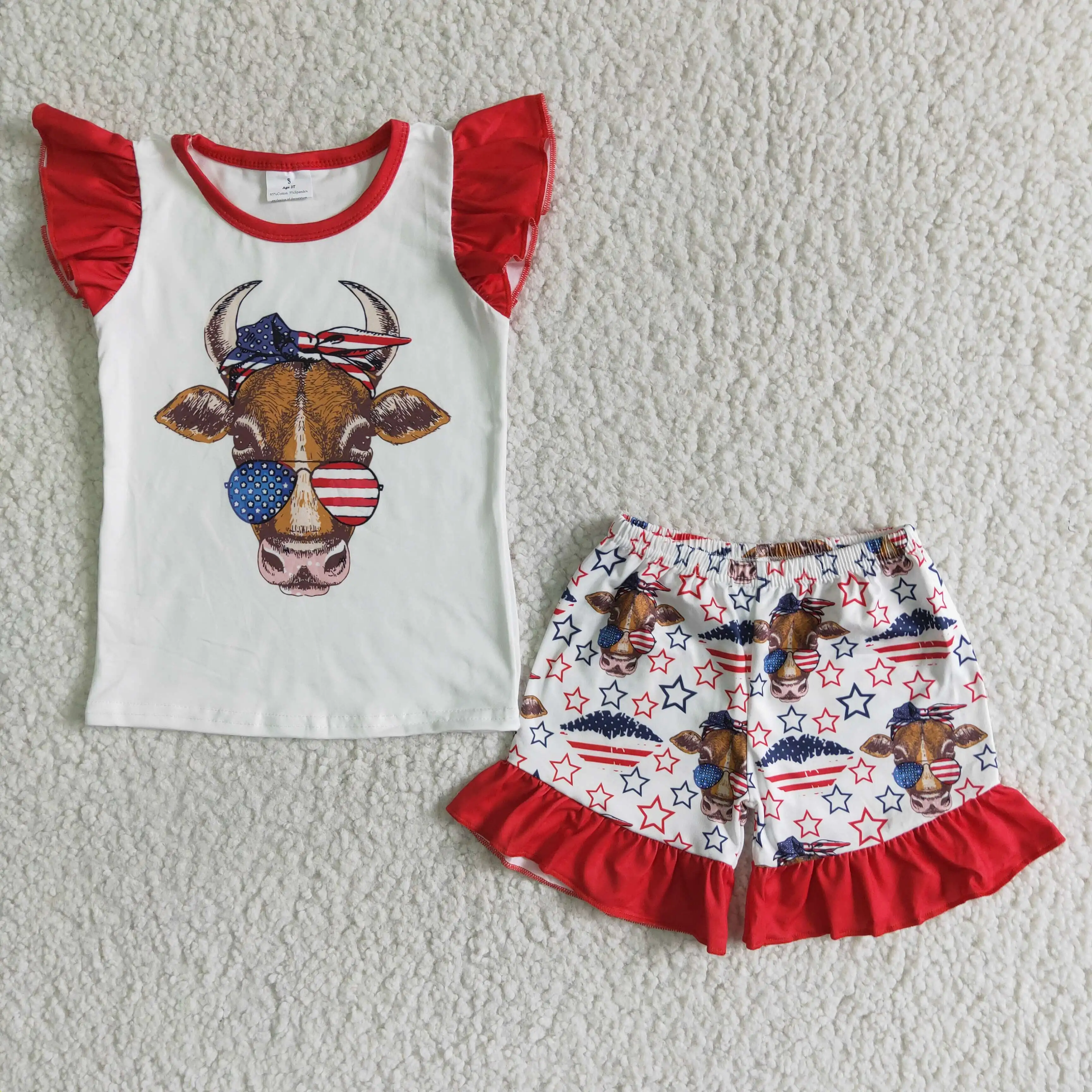 

On July 4 cow print white and red kids summer clothing set baby girl clothes
