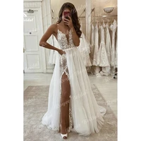 sexy v neck high split sleeveless spaghetti straps tulle sweep floor length appliques lace 2022 wedding dresses a line bridal
