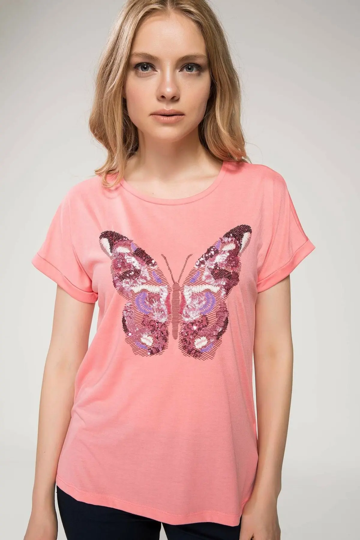 DeFacto женская розовая футболка с блестками и бабочками Женская Повседневная