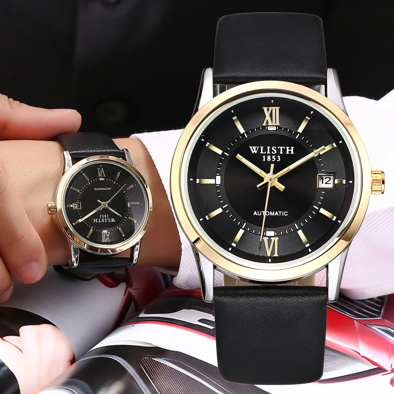 

WLISTH 2020 Men's Watch Automatic Mechanical Waterproof Business High-End Leather Belt With Calendar Luminous Double-Side Hollow