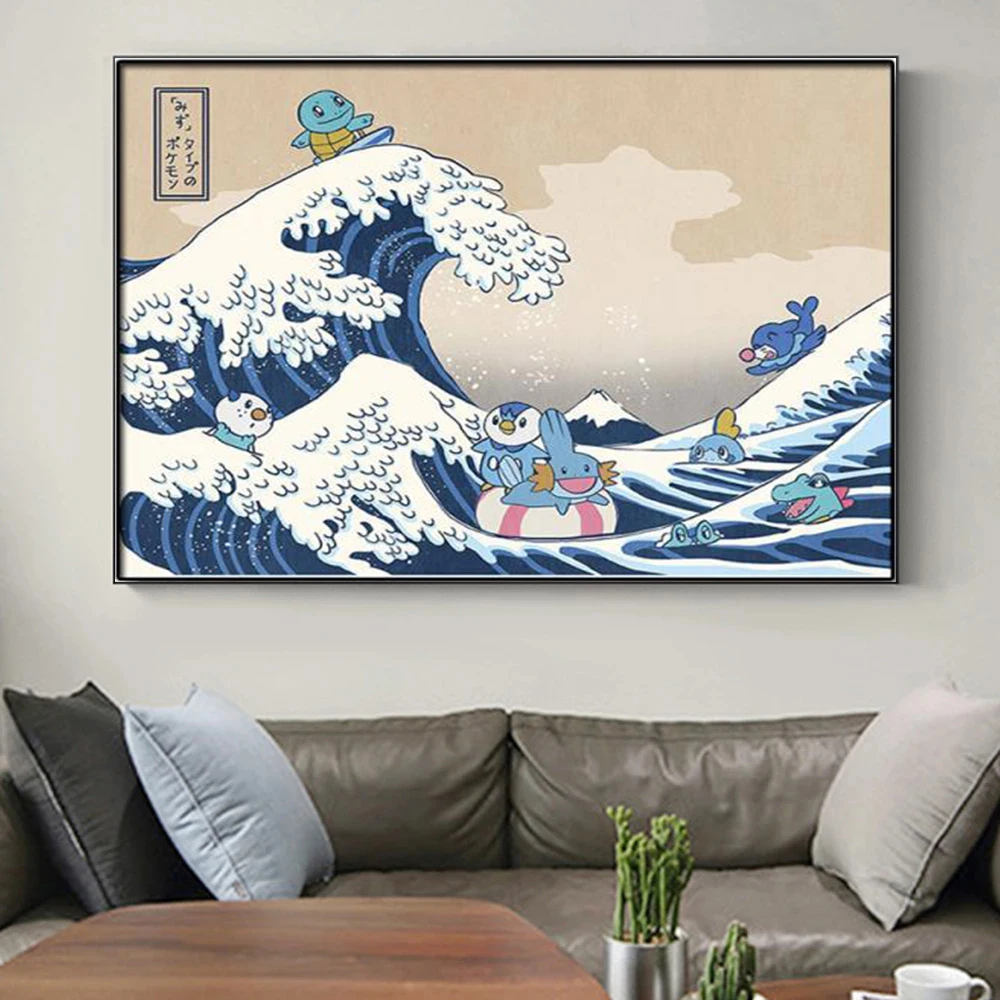 

Modern Japanese Comic Anime The Great Wave Canvas Painting Pokemon Poster and Print Wall Art Picture for Bedroom Home Decor Gift