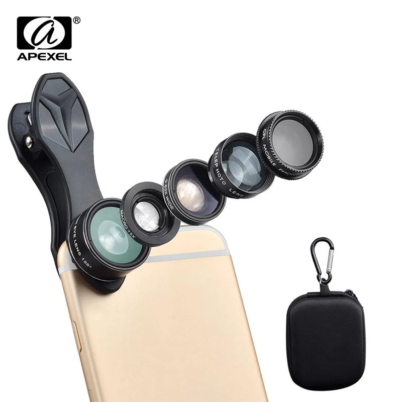 

APEXEL Mobile Phone Lens Wide Angle Macro Telescope CPL 5 In 1 Clip Fish Eye Lens For iPhone Xiaomi Mobile Phone Accessories