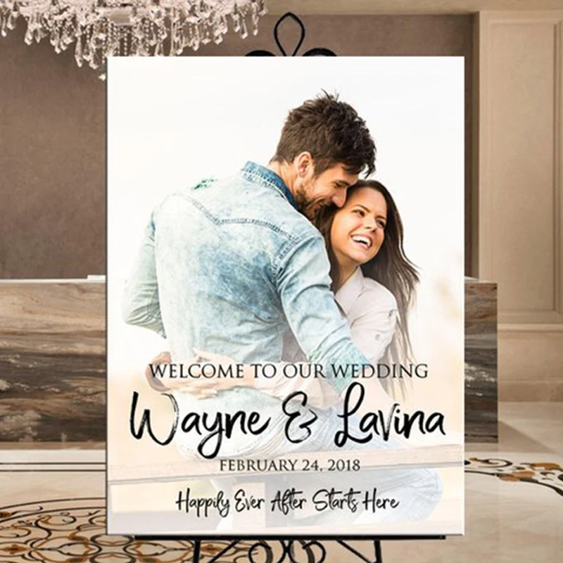 

Personalized Photo Welcom Sign Wedding Decoration White Theme Canvas Wedding Sign Names Photo SignStand not Included