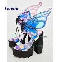 platform butterfly wings high heels 2022 newest open toe chunky heel sandlas cross tied lace up colorful casual party shoes sexy