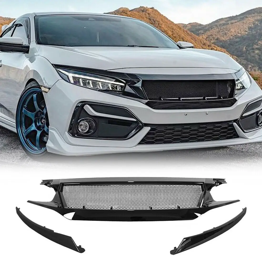 Передняя Верхняя решетка гриля с сеткой для 2016-2018 Honda Civic 10 глянцевая черная |