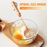 new rose golden beech wooden spiral egg whisk stainless steel manual egg beater cream stirring flour cream mixing baking tool