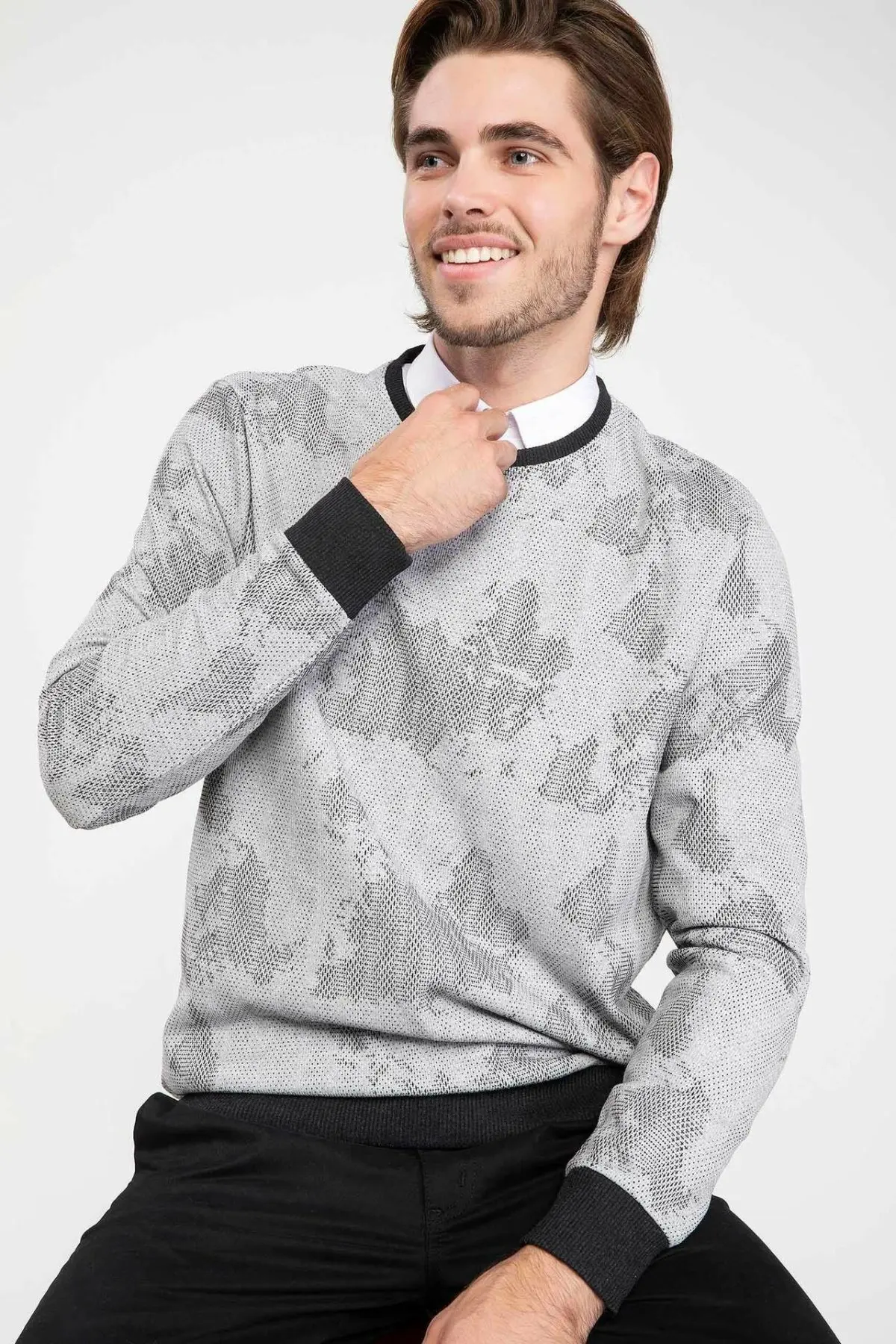 DeFacto Мужской трикотажный пуловер с круглым вырезом рубашка повседневный легкий