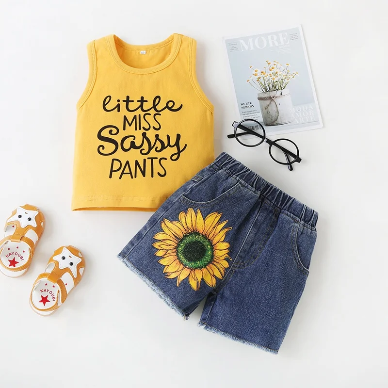 

Summer Kids Girls Clothes Sets Two Pieces Outfits Vest T-shirt Sunflower Denim Shorts Suit Floral Children Costumes