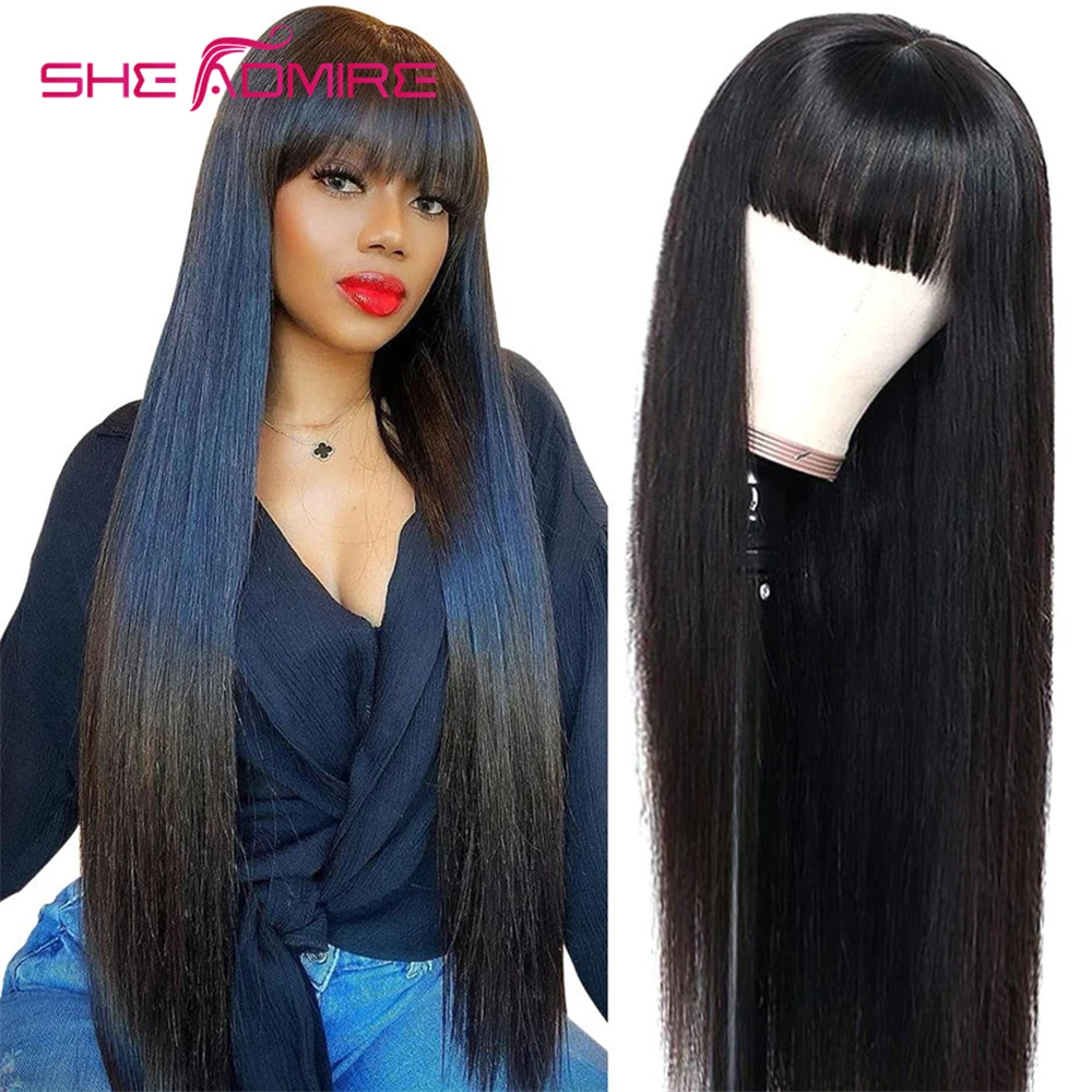 Straight Wigs With Bangs SheAdmire Remy Long 30 40 inch Glueless Fringe Wig Full Machine Made Human Hair Wigs For Black Women