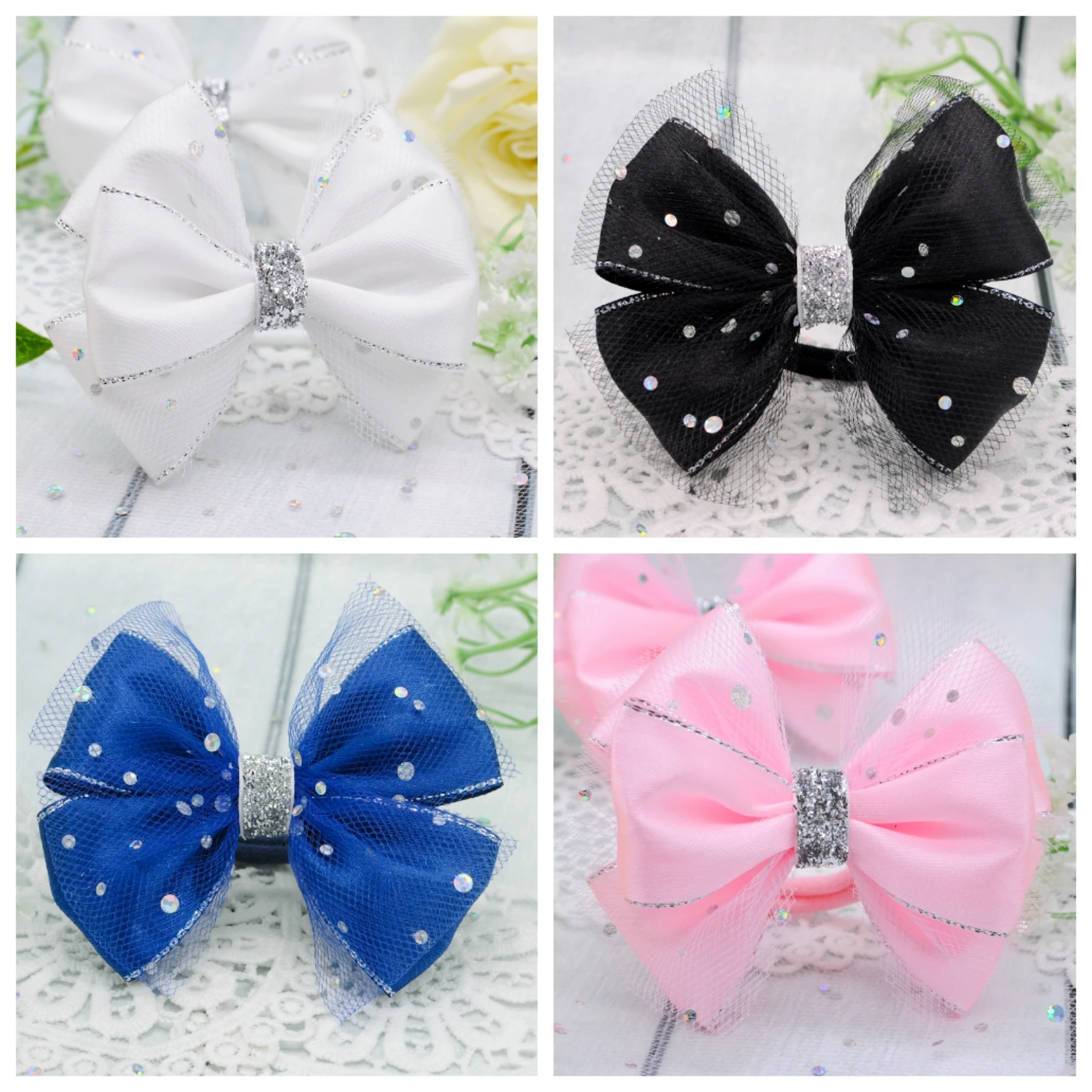 Эластичная резинка для волос (пара) с бантиком из атласной ленты и фатина |