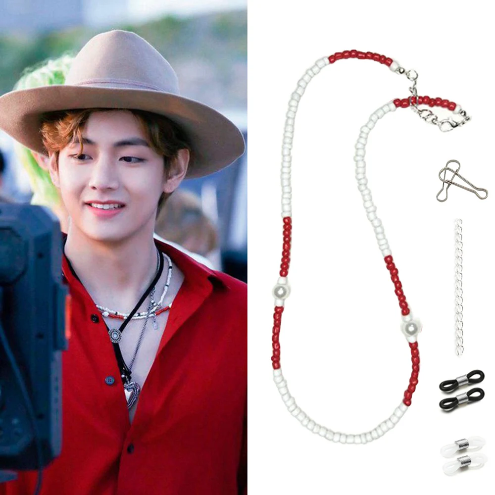 

Ожерелье с V-образными бусинами KPOP TAETAE, браслет, солнцезащитные очки, маска, цепочка, аксессуар для вечевечерние, летнее пляжное ожерелье-чок...