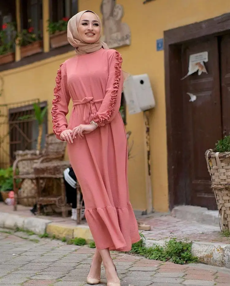Платье с рюшами и поясом, мусульманская Мода, мусульманская одежда