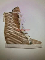 design woman gold brown mesh high top ankle boots round toe net yarn breathable 8 cm inner wedge heel ankle mesh ankle boots