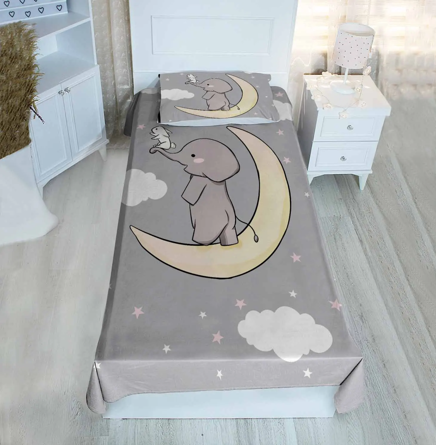 

Grey single bed cover Moon Star Cloud elephant patterned velvet fabric Free Shipping quality product kids room decoration baby