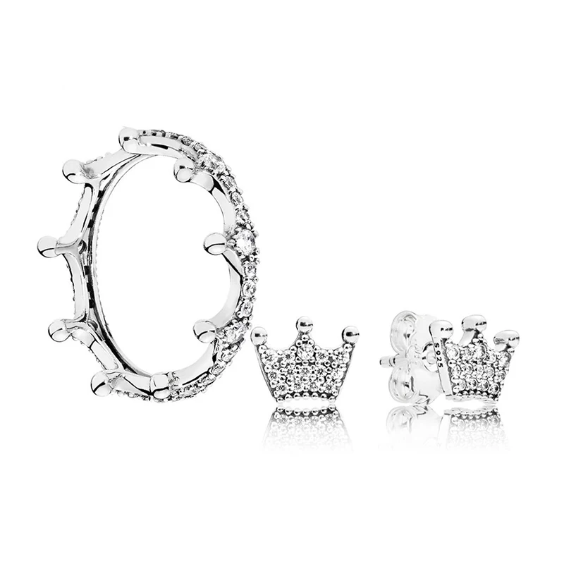 

2020 New 100% High Quality Original 1:1 Brilliant Crown Ring Earrings Female Fashion And Elegant Temperament Jewelry Gift Set