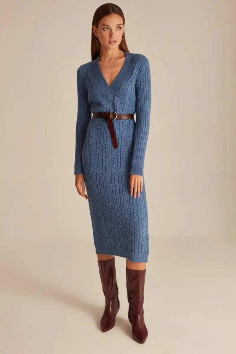 Joinus кабель вязаное платье с v-образным вырезом для женщин цвет: голубой | Женская