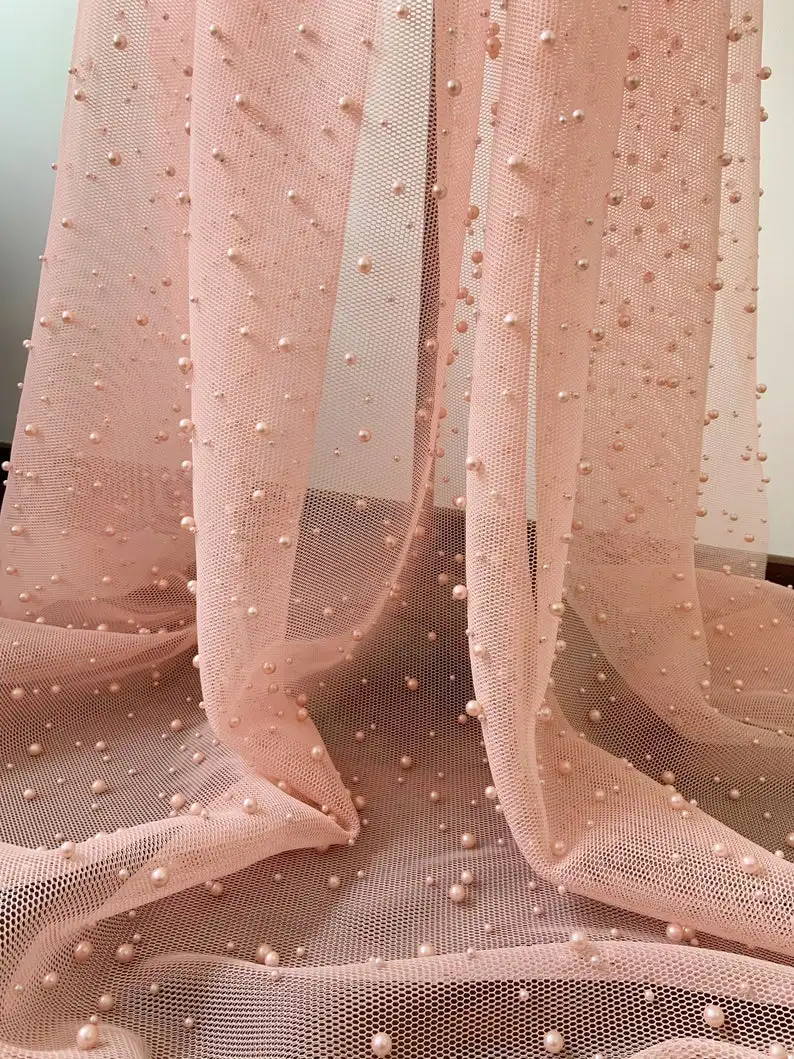 

1 yards Pink Mesh Fabric With Pink Pearls Pearl Bead Net Fabric For Couture 2021 New Arrival