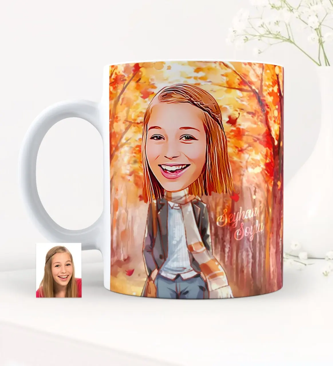 

Personalized Women 'S Autumn Themed Caricature Of White Mug cup-2