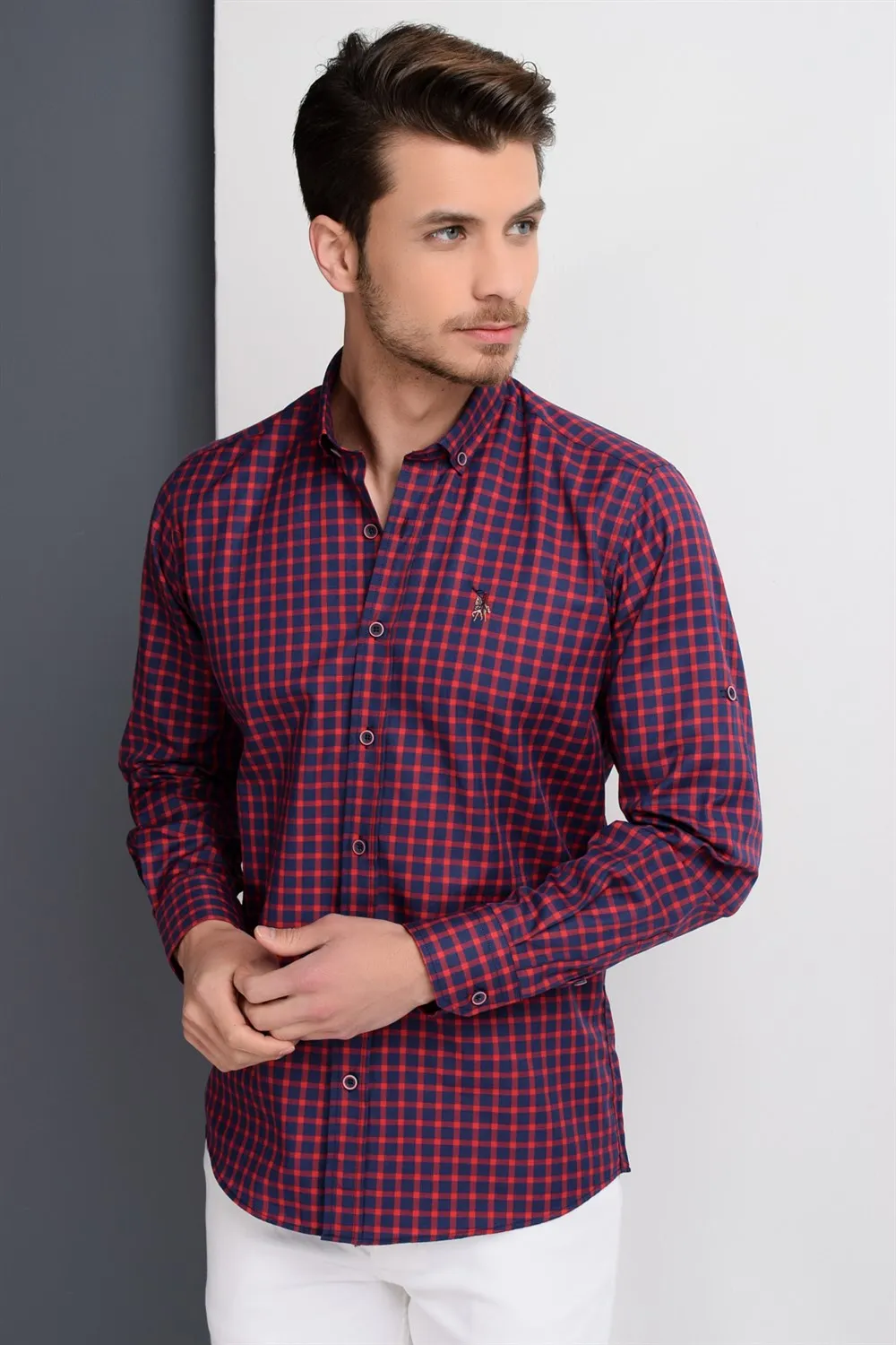 Рубашка G661 DEWBERRY-темно-синяя-Бордовая | Мужская одежда