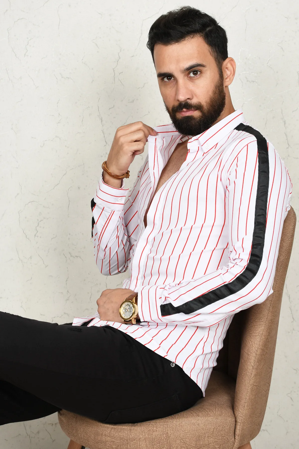 

DeepSEA Red Men 'S Shirt 100 Cotton Black Sleeve Stripe Narrow Cut Long Sleeve Spring Summer Casual Party Prom Business office 2002812