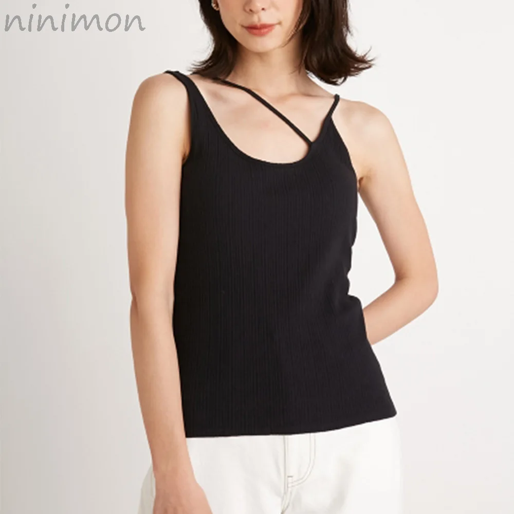 

NINIMON Asymmetrical Sexy Tanks Irregular Design Slim Fit Camisole Comfortable Knitted Camis Inside Bottoming All-match Tees