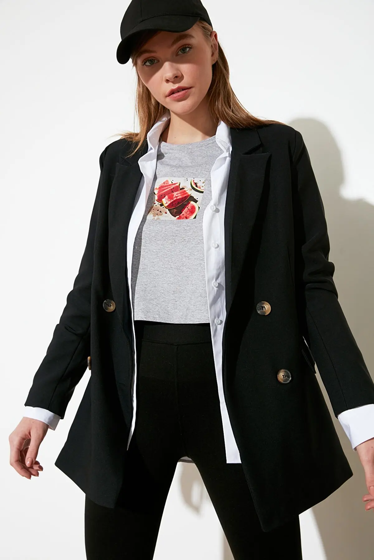 

Women Black Button Oversize Double Breasted Blazer Jacket
