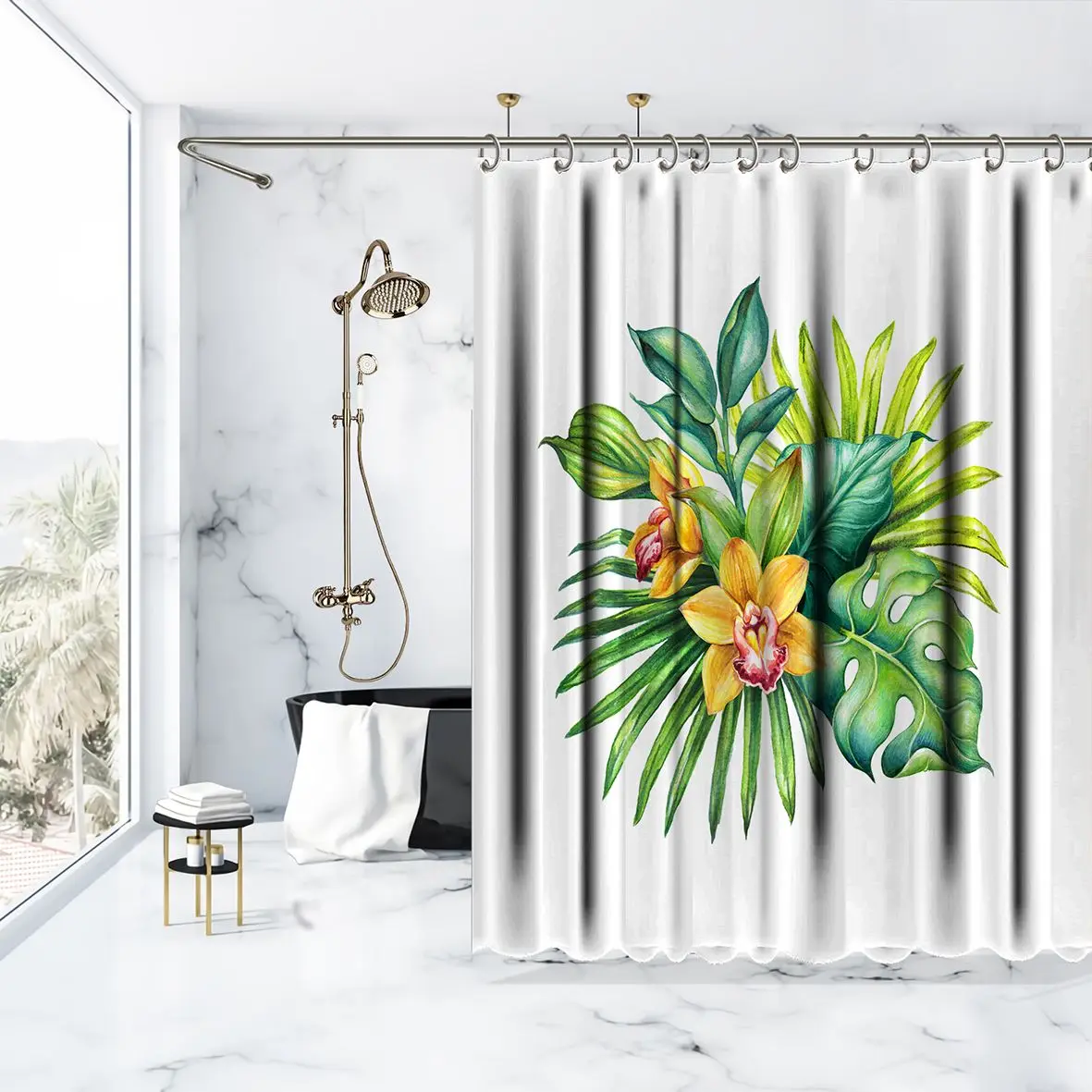 Занавеска для душа Тропический букет с большими листьями цветы орхидеи