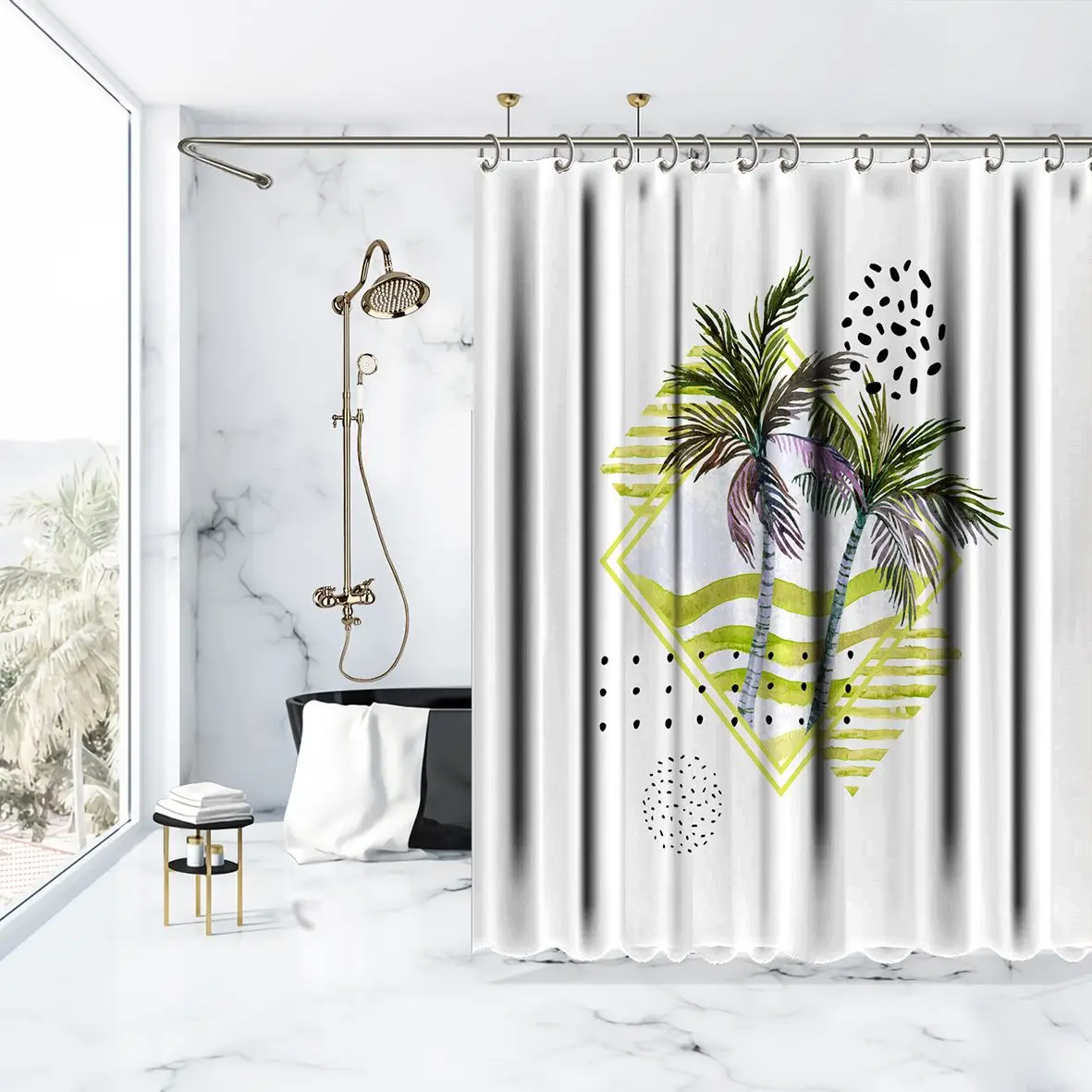 Занавеска для душа морские волны тропические пальмы листья чайки птицы и
