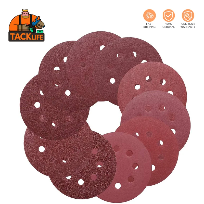 

TACKLIFE ASD1A 100pcs Sanding Discs 5-Inch 8-Hole Hook And Loop Sandpaper For PRS01A PRS02A