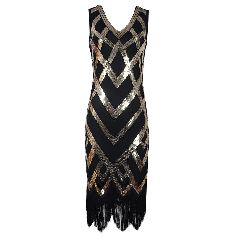 Gold Dress Женский Большой Гэтсби Хлопушка платья 1920s блесток бисером бахромой платье/аксессуары набор xs-xxl(серебро, золото - Цвет: Gold Dress