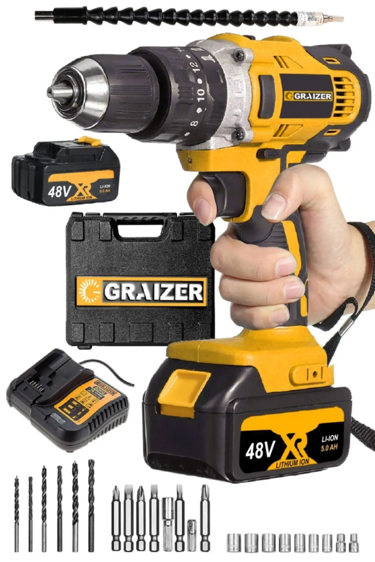 

Graizer Yellow 48V 5 Ah 13mm Metal Drill Chuck Impact Twin Cordless Drill 27 Piece Pro Set Electrical Screwdriver Drill Machine