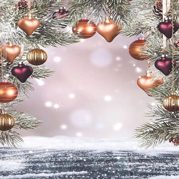 

Curtain Christmas Holiday Decoration with Fir Branches Balls Heart Shaped Ornaments Snow Covered Land White Gold Art