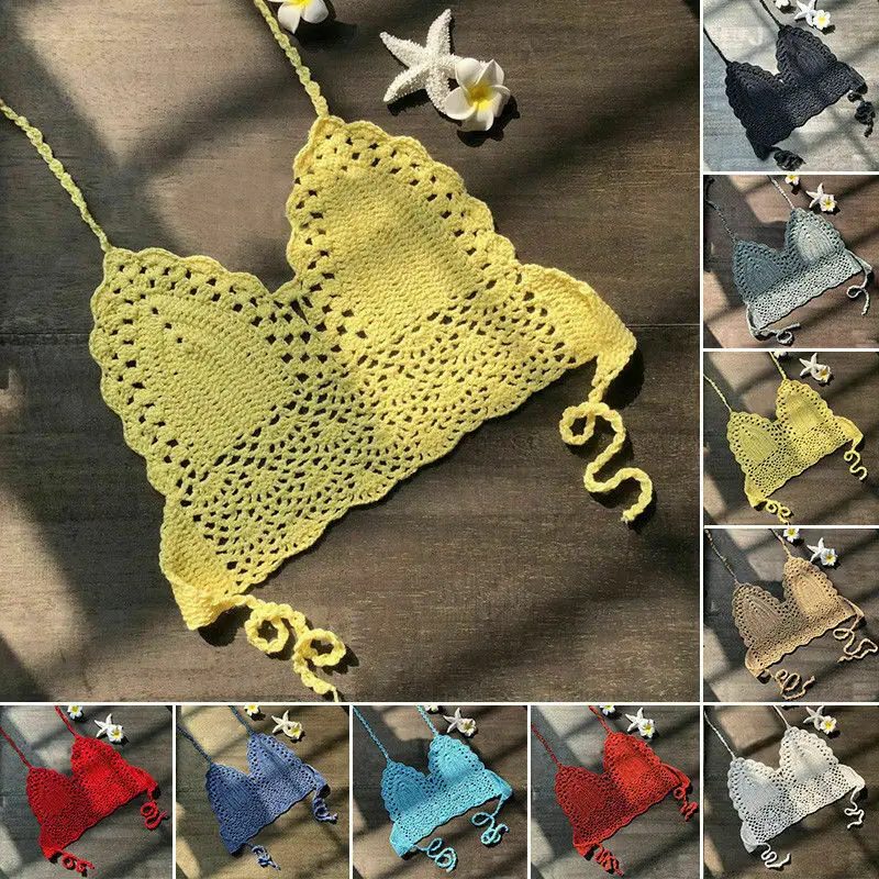 Сексуальное пуш ап бикини Топ Для женщин крючком Бохо пляжные маечки С Рисунком