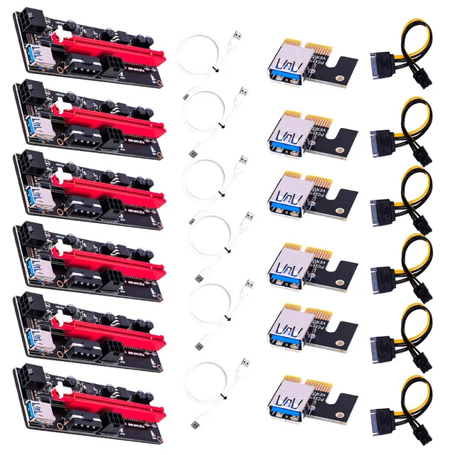 

6pcs VER009 USB 3.0 PCI-E Riser VER 009S Express 1X 4x 8x 16x Extender Riser Adapter Card SATA 15pin to 6 pin Power Cable