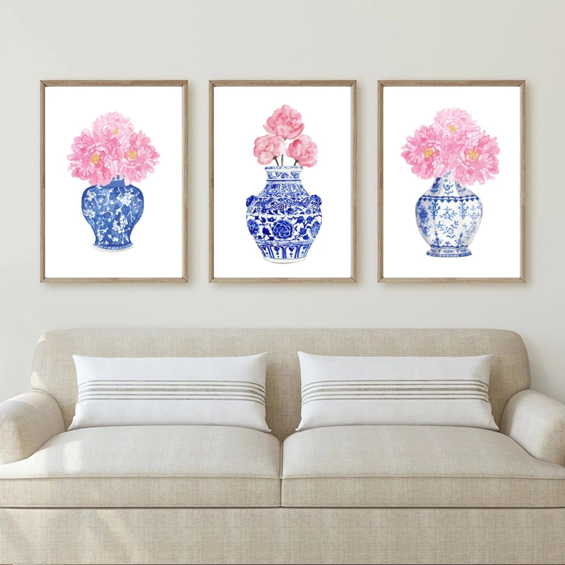 Акварельные пионы китайские вазы Картина на холсте сине-белая фарфоровая ваза