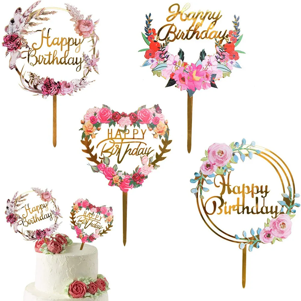 

Gold Happy Birthday Cake Topper Flower Acrylic Cupcake Topper for Various Cake Dessert Birthday Anniversary Parties Decoration