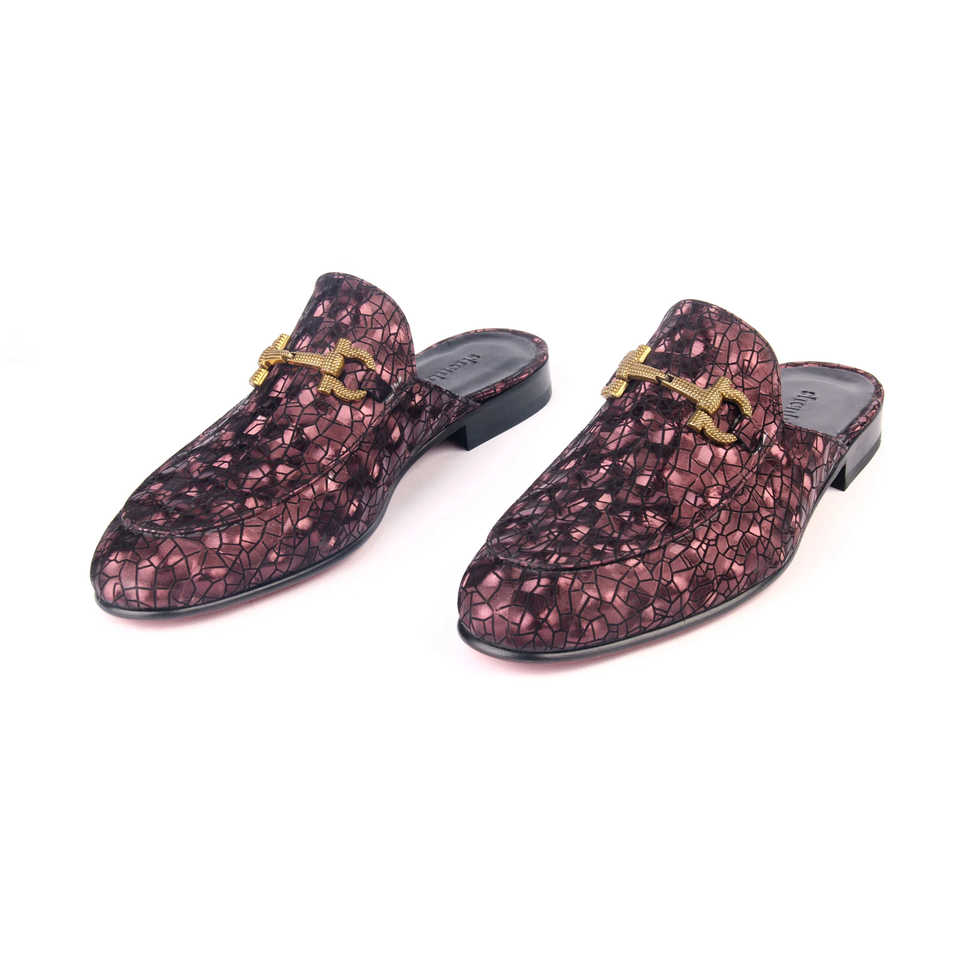 

Handmade Black Burgundy Purple Leather Mules for Men, Geometric Shiny Pattern Genuine Calfskin, Leathersole, Men's Slip On Shoes