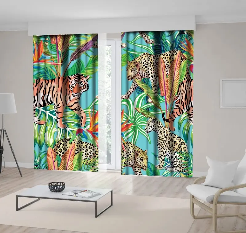

Curtain Tiger and Leopards in Exotic Jungle Big Leaf Plants Trees Wildlife Animals Nature Artwork Blue Green Brown