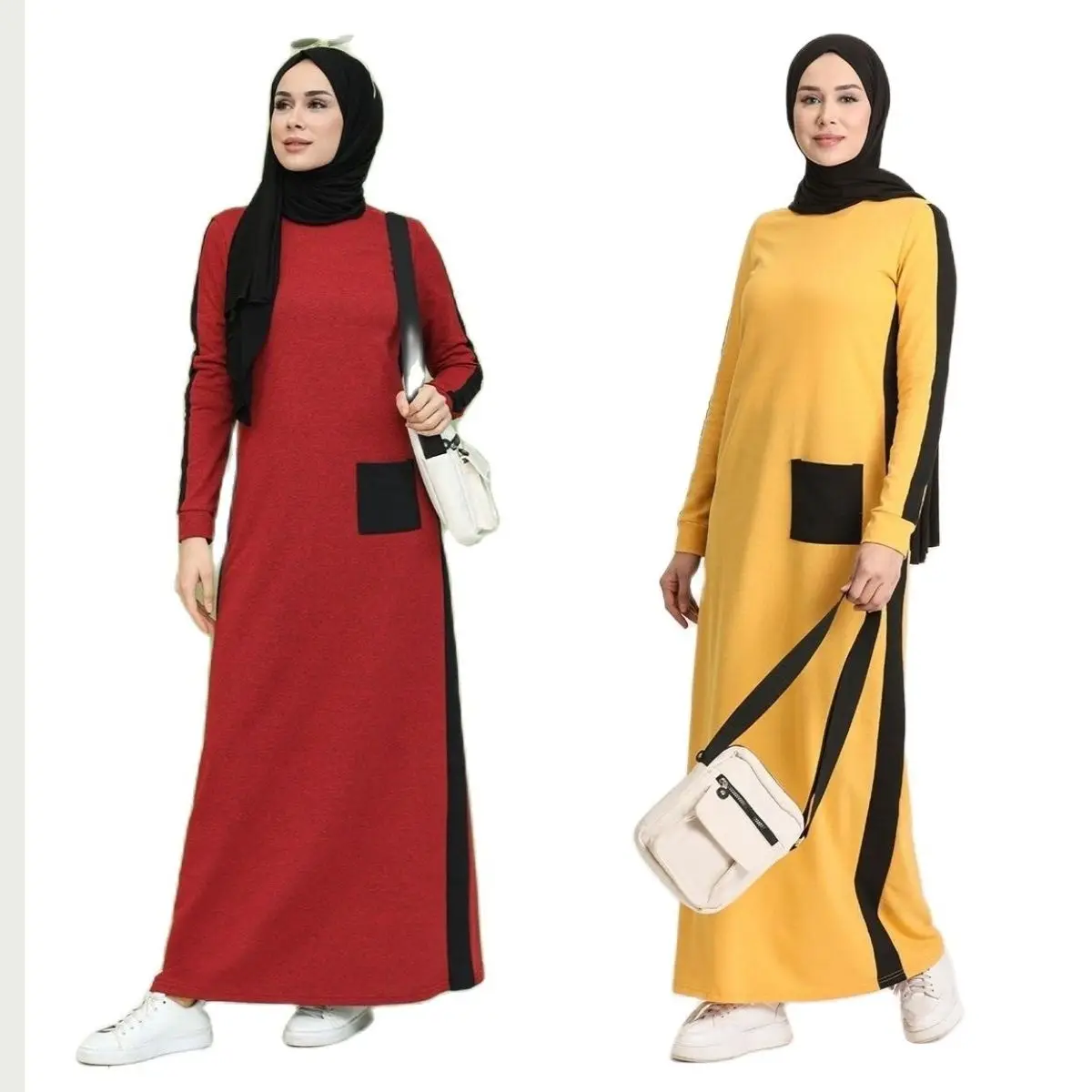

Women Pocket Dress with Garnish Practical Worship Islamic Fashion Summer Women's Clothing Muslim Tunic Suit Long Dress