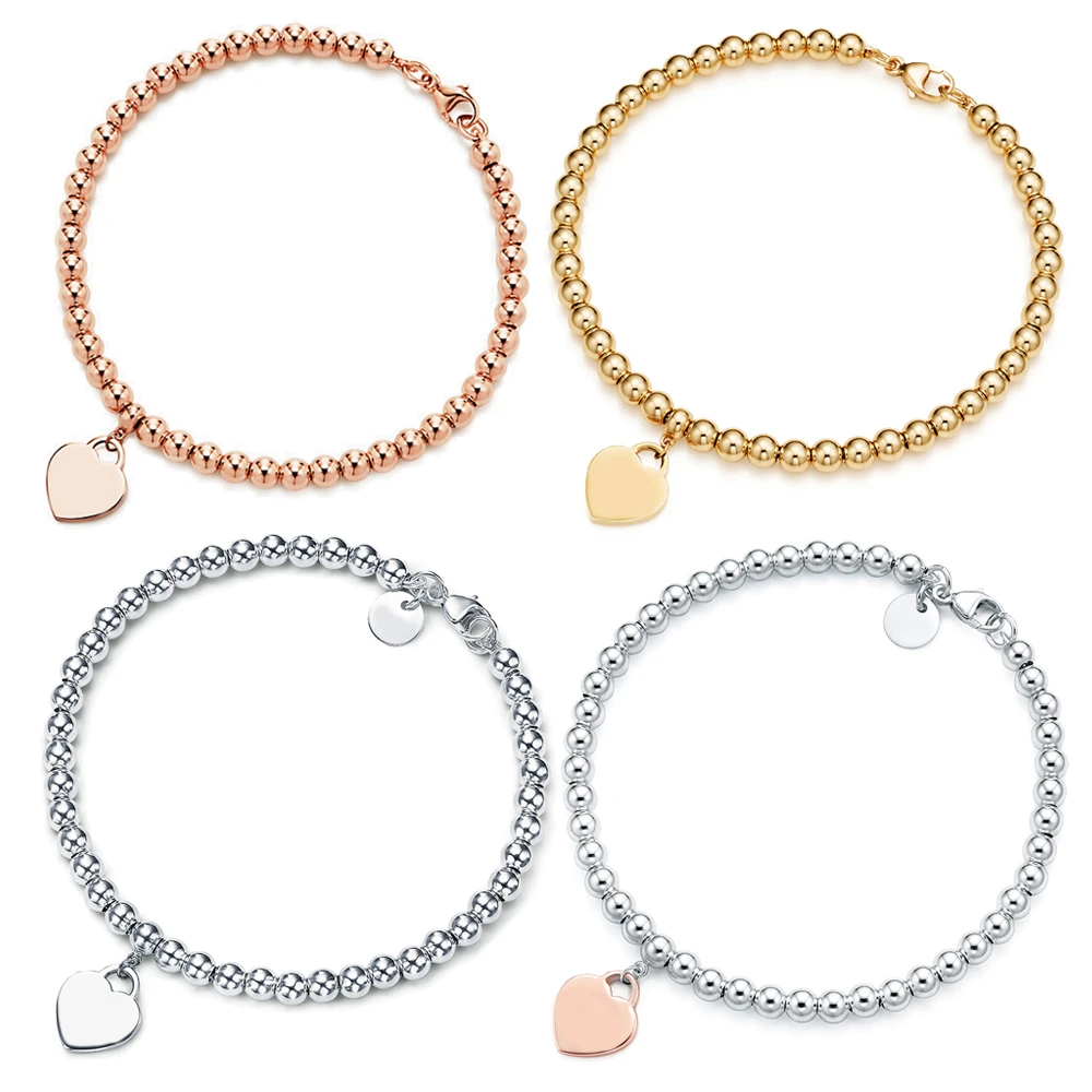 

s925 sterling silver couple 4mm ball bead bracelet love pendant design fashion simple and generous luxury brand party gift