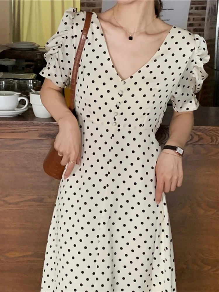 

Summer Retro Women Elegant Dot Print Midi Dress Female V-Neck Puff Sleeve Dresses French Style Clothes Vestidos