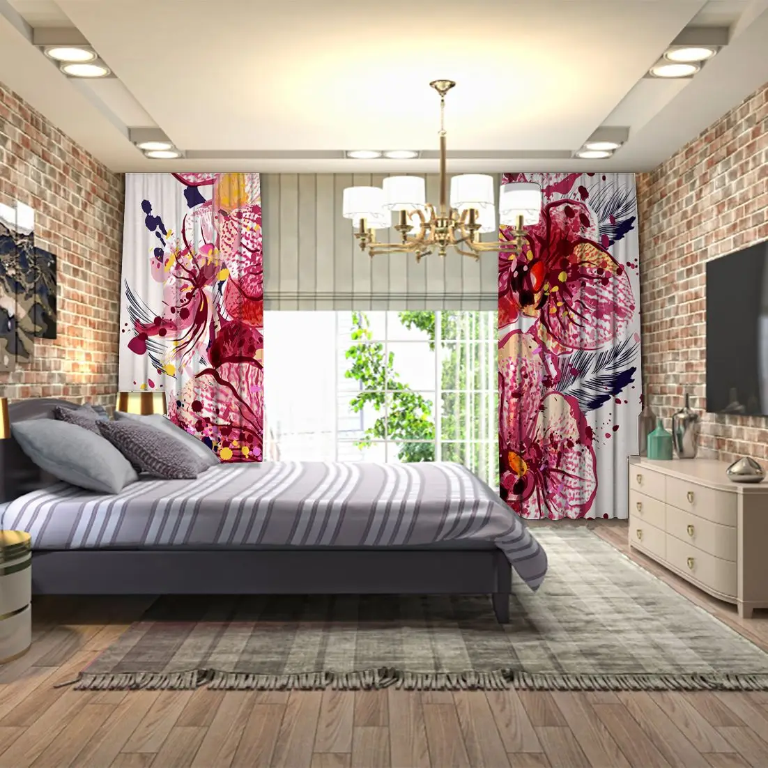 Штора Орхидея цветы краски брызги современный красочный акварельный стиль