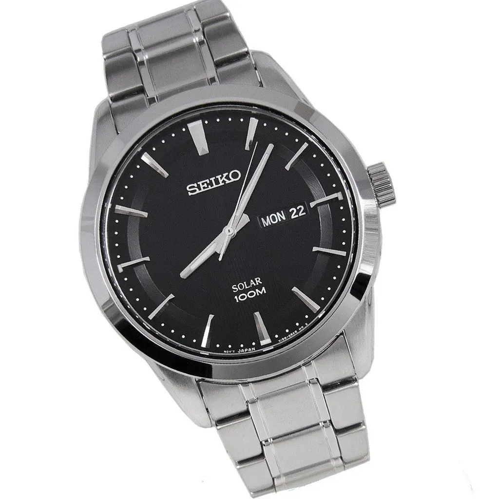 Мужские водонепроницаемые часы Seiko SNE363P1 черный циферблат 43 мм стальной ремешок 100