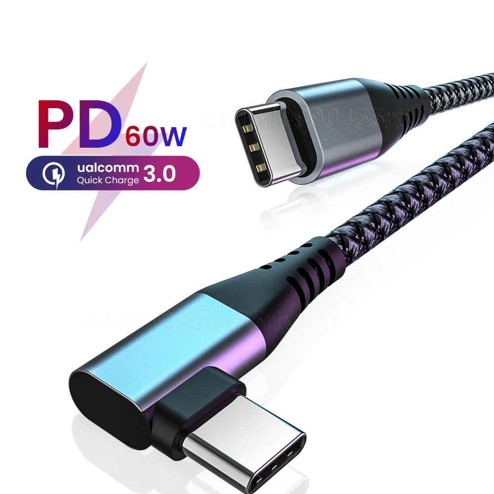 

60W PD USB Type C To Type C Elbow Cable Quick Charger Mobile Phone Fast Charging Cord For Huawei Macbook Pro Samsung S10 S20