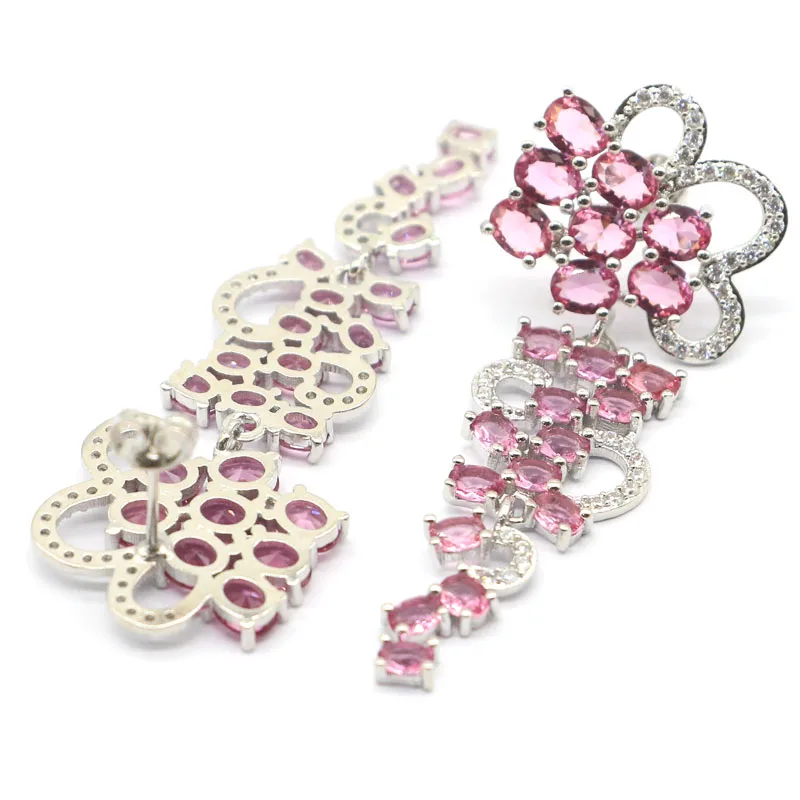 Великолепные Длинные женские серебряные серьги 55x21 мм с розовым турмалином и