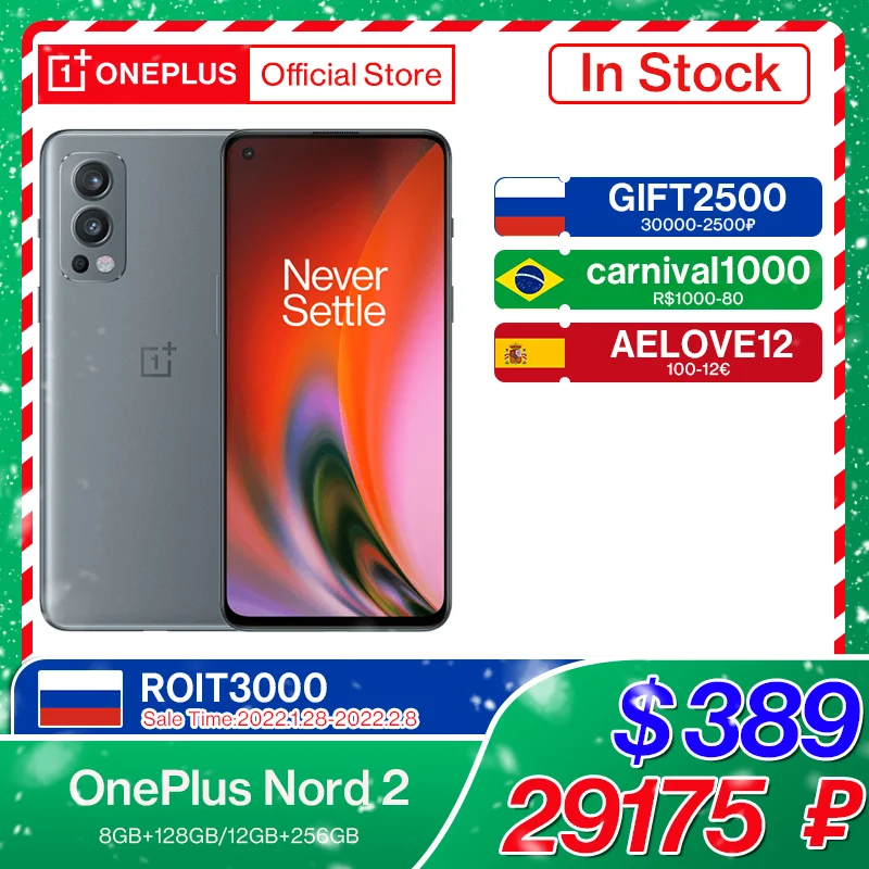  OnePlus Nord 2, телефон со стандартным дизайном, память 8 ГБ, 128 ГБ, камера 50 МП с искусственным интеллектом, OIS MTk Dimensity 1200-AI Warp Charge 65; (Black Friday код:I…