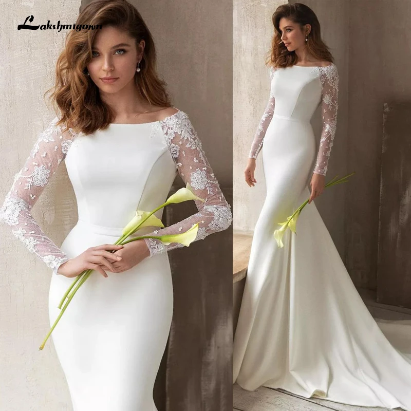 

Gorgeous Long Sleeves Lace Mermaid Wedding Dresses Modest Arabic Simple Bridal Gowns Long Train Robe de mariee
