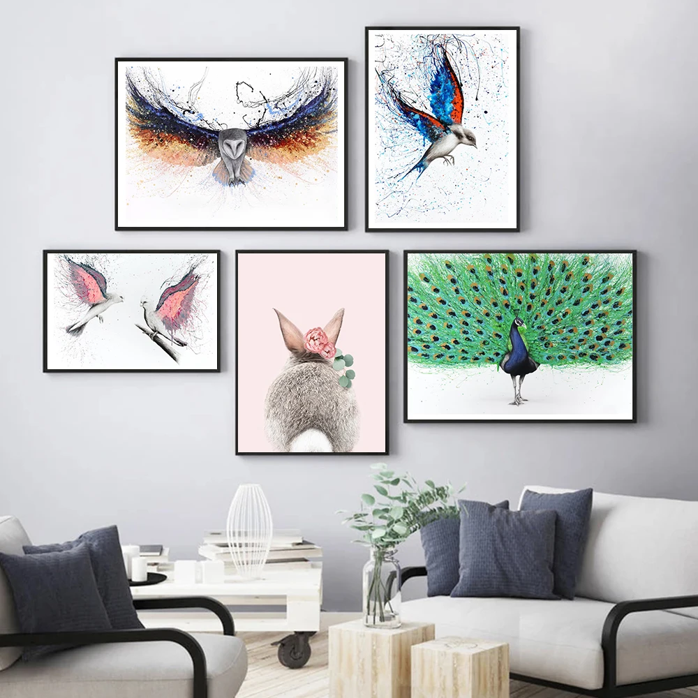 

Modern Watercolor Painting Art Posters Child Education Animal Prints Eagle Rabbit Peacock Bird Bee Pictures Nature HD Home Decor