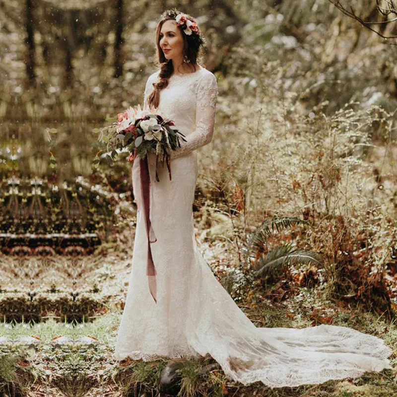 

Bohemian Wedding Dress 2020 O-Neck Long Sleeves Lace Wedding Gown White Arabic Mermaid Bride Dress vestidos de novia